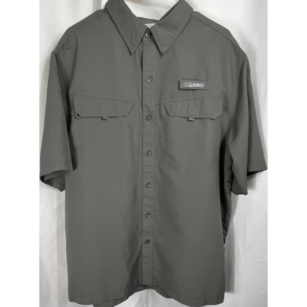 Habit Men's L Short Sleeve Woven Polyester Solid Gray Button-Up Shirt Pockets